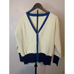 J.ING Colorblock Ribbed Knit Cardigan Sweater Cream Navy Blue Size M Preppy
